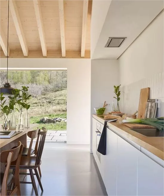 Indoor-Outdoor-Kuechen modern Gestaltung offener Raum weiße Waende helles Holz