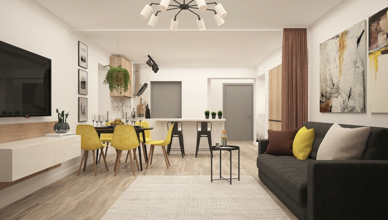 modernes wohnzimmer essbereich gelbe möbel