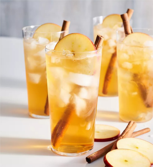Festliche Cocktails gewuerzter Apfel Kombucha Drink mit Rum Apfelscheiben Zimtstangen