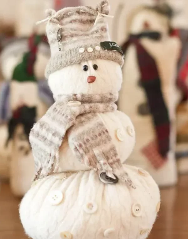 Schneemänner basteln lustige Weihnachtsdeko aus altem Pullover Muetze Schal Kulleraugen