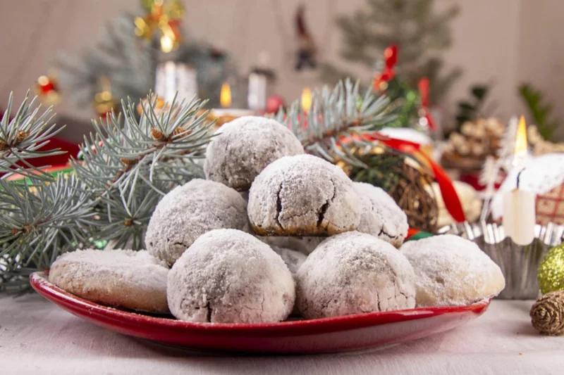 Traditional Christmas almond chocolate snowballs cookies biscuit
