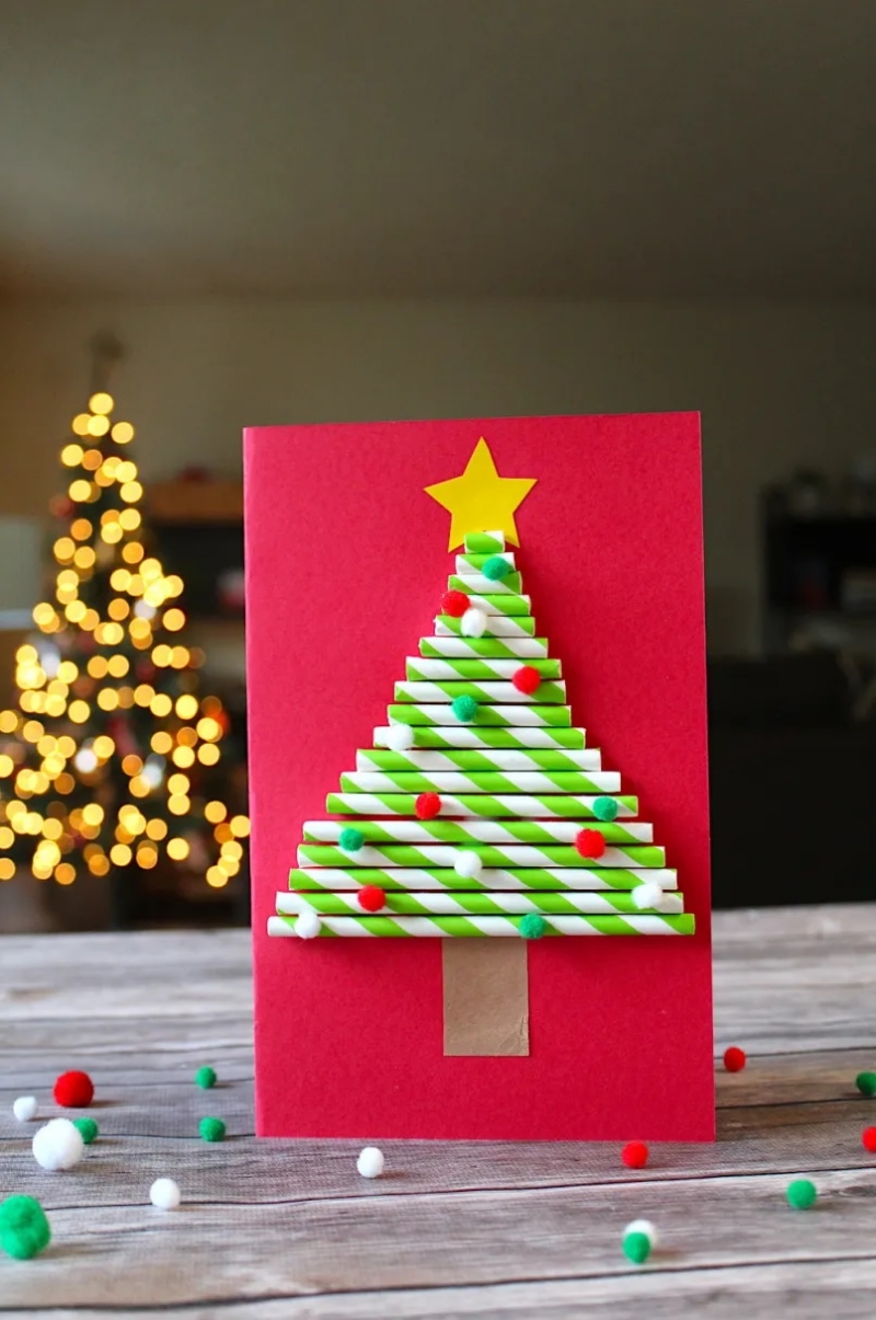 basteln mit strohhalme schnelle weihnachtskarten basteln