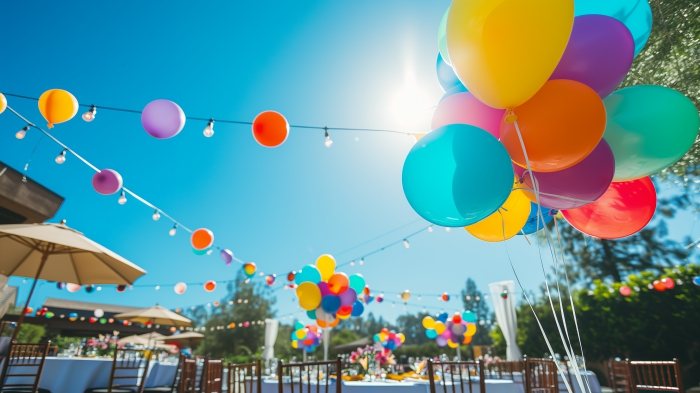 Bunte Ballone schweben in der Luft – interessante Ideen für Gartenparty Deko