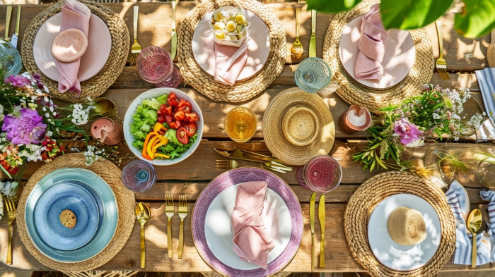 Buntes Geschirr, schönes Besteck und Salate machen die Gartenparty Deko aus