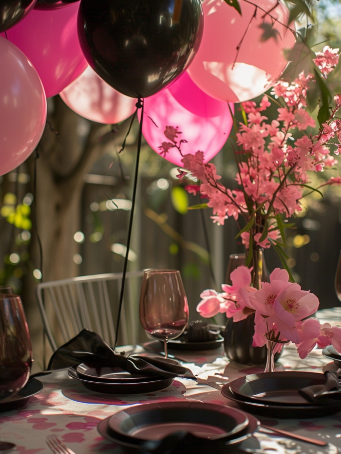 Erhabene Gartenparty Deko – erstklassiges schwarzes Geschirr, rosa Ballone und schön blühende Blumen in der Vase