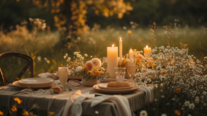 Festlich gedeckter Tisch draußen viele Blumen und brennende Kerzen