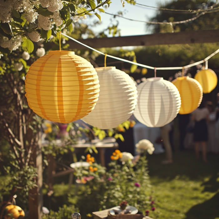 Laternen in Gelb und Weiß im Garten hängen – Gartenparty Deko