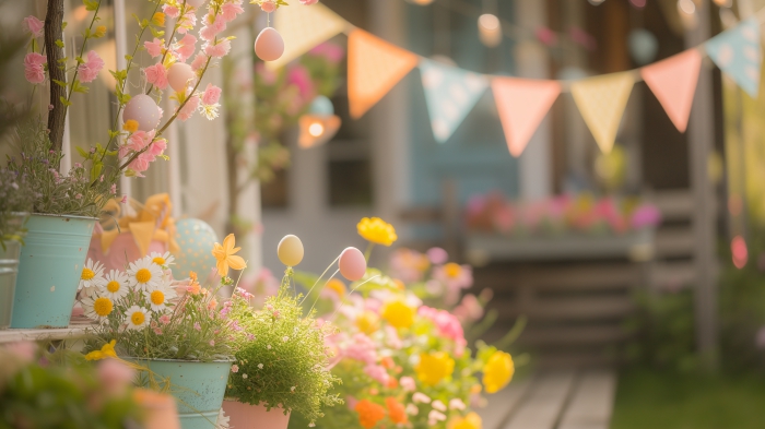 Schöne Tischdekoration mit Blumen Ostereiern und Girlanden