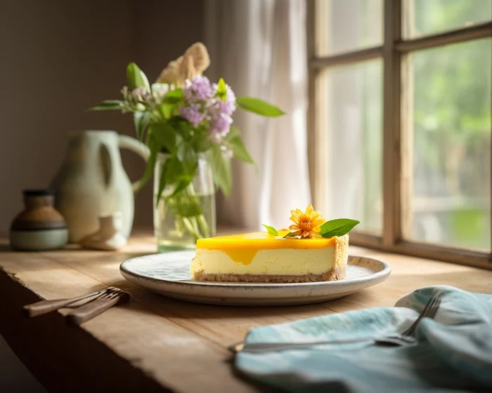 Ein Stück Cheese Cake mit gelber Blume verziert