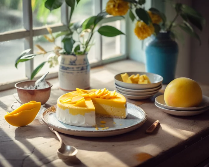 Quarkkuchen mit Zitronencreme auf dem Tisch serviert