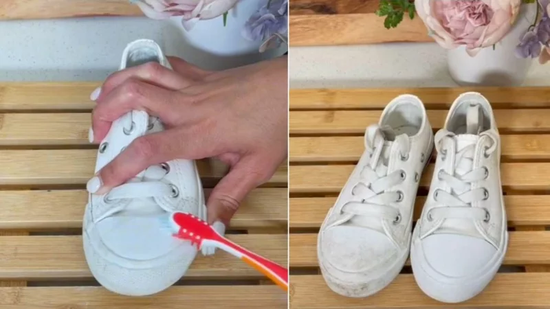weiße Sneaker reinigen mit Zahnpasta und Bürste 