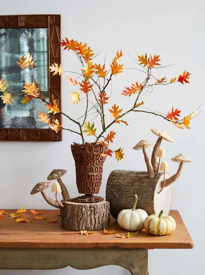 Diy Herbst Deko mit Herbstblättern und Pilzen 
