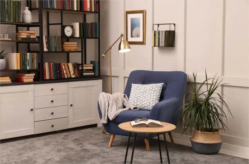gemütliche Raumgestaltung  - Sessel Stehlampe Bücherregale und  grüne Topfpflanze daneben