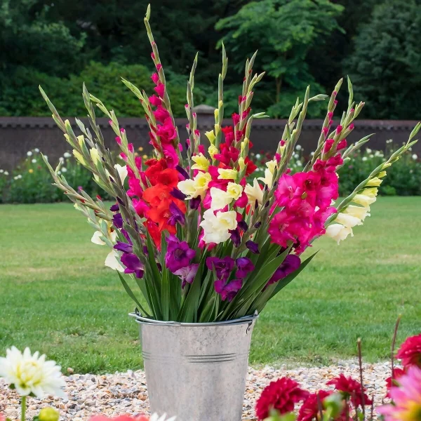 Farbenfrohe Gladiolen in einem Eimer mit Wasser schmücken den Außenbereich
