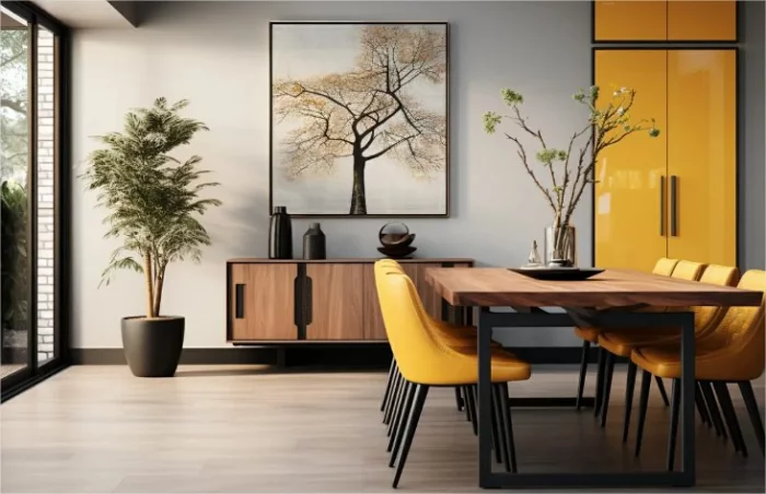 Innendesign Ideen 2024 Essecke mit gelben Stühlen und Holztisch
