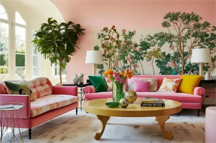 Innendesign Ideen 2024 rosa Möbel und viele Zimmerpflanzen