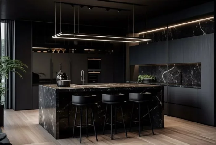 Moderne Küche in Schwarz mit eingebauten Küchengeräten