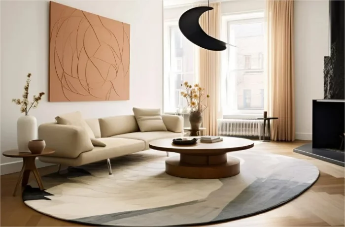 Modernes Wohnzimmer stilvoll eingerichtet mit einfachen Möbeln in hellen Farben