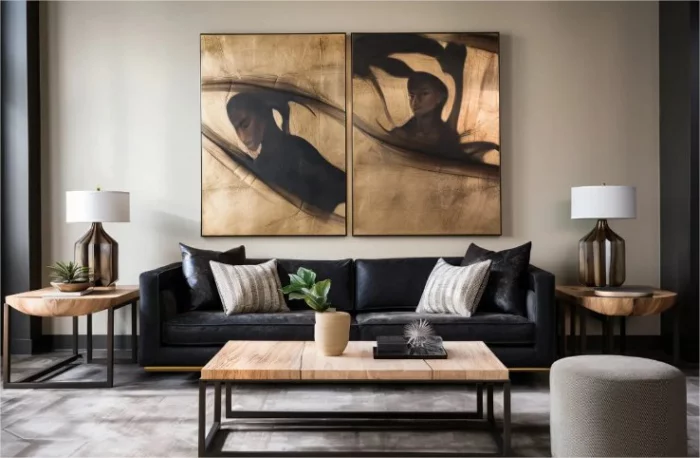 Persönliche Raumgestaltung im Wohnzimmer helles Holz schwarzes Ledersofa ausgefallene Wandbilder