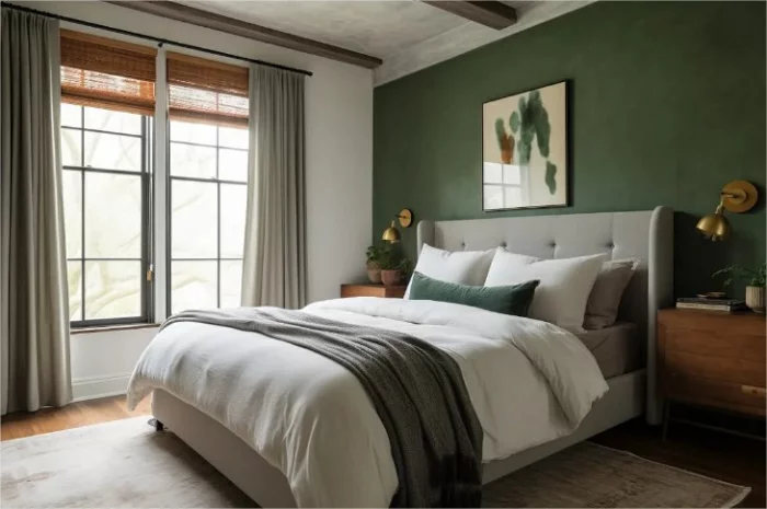 einfach eingerichtetes Schlafzimmer im Landhausstil mit grüner Akzentwand