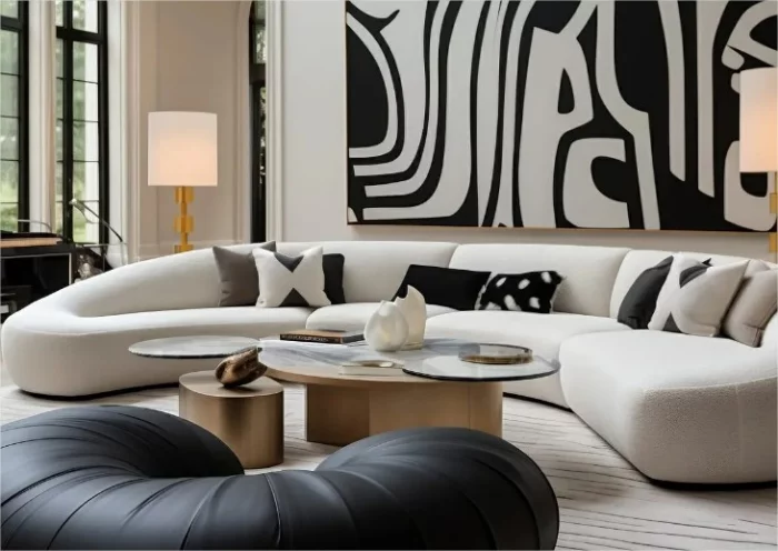 modern gestaltetes Wohnzimmer in Weiß und Schwarz