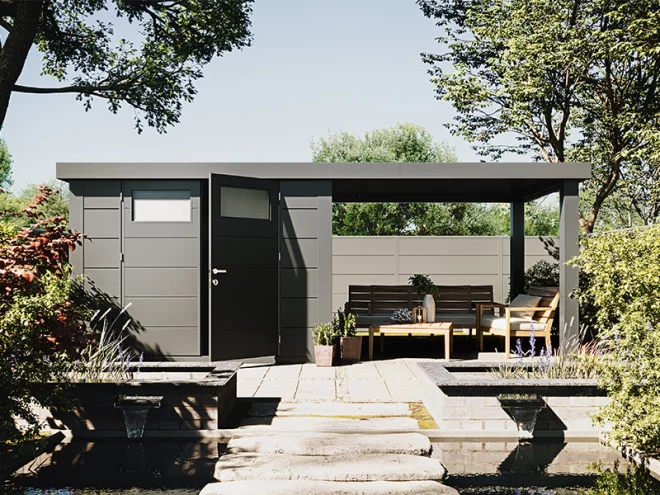 Gerätehaus aus Metall mit offenem Teil für Outdoor-Möbel