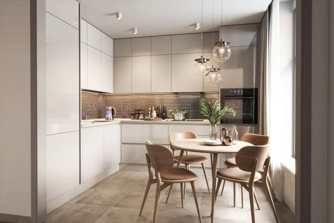Küchen Inspiration weiße Küchenschränke beigefarbene Fliesen Stühle