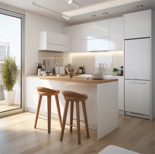 Moderne Küchen Inspiration Raum ganz in Weiß mur zwei Hocker aus hellem Holz