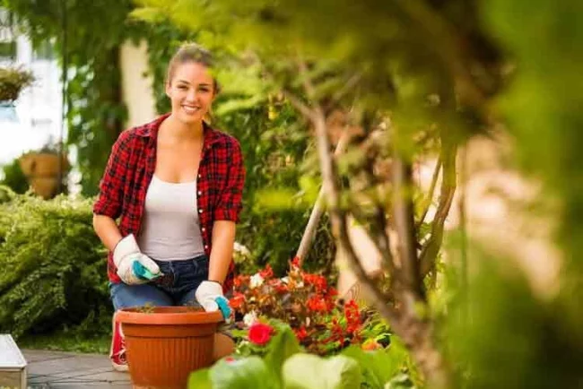 Pflegeleichten Garten planen und gestalten junges Mädchen pflegt Topfpflanzen