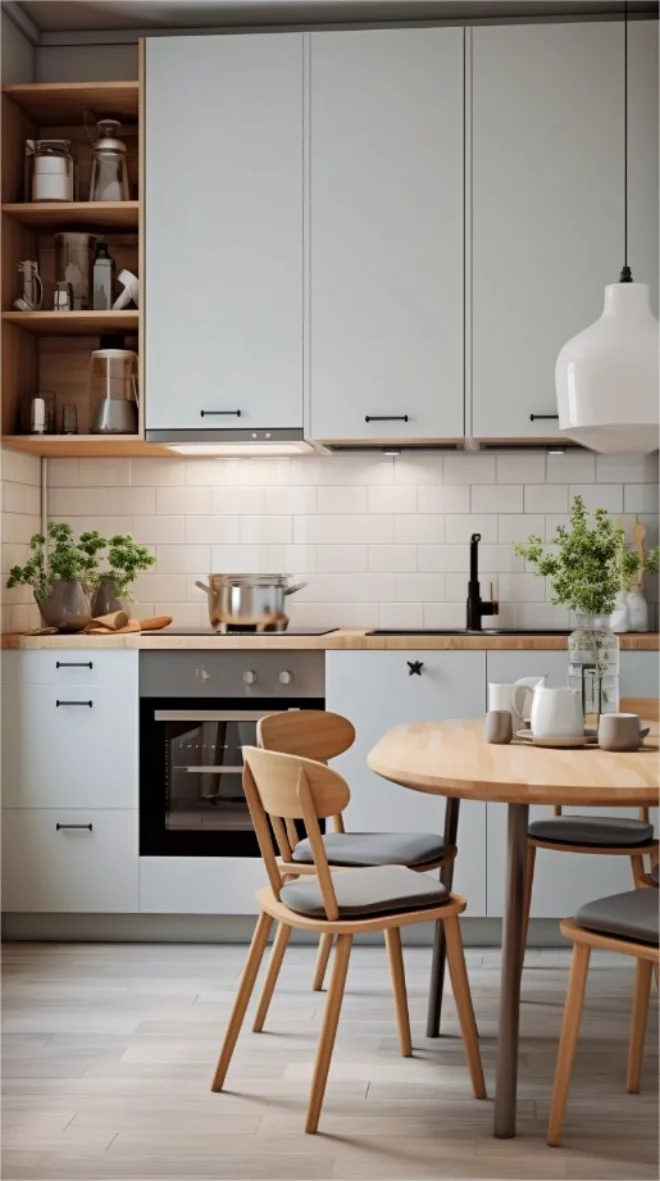 weiße Küchenschränke und offene Regale kombinieren weiß und helles Holz