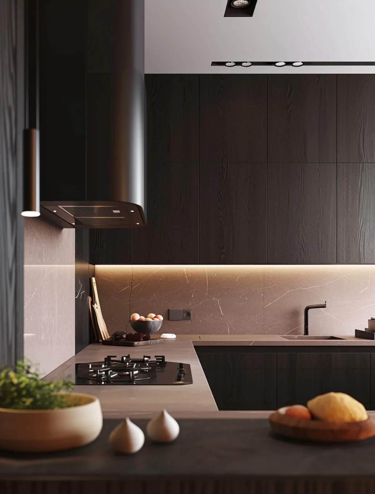 Moderne Küchen dunkle Küchenfronten mit hellem Marmor kombiniert