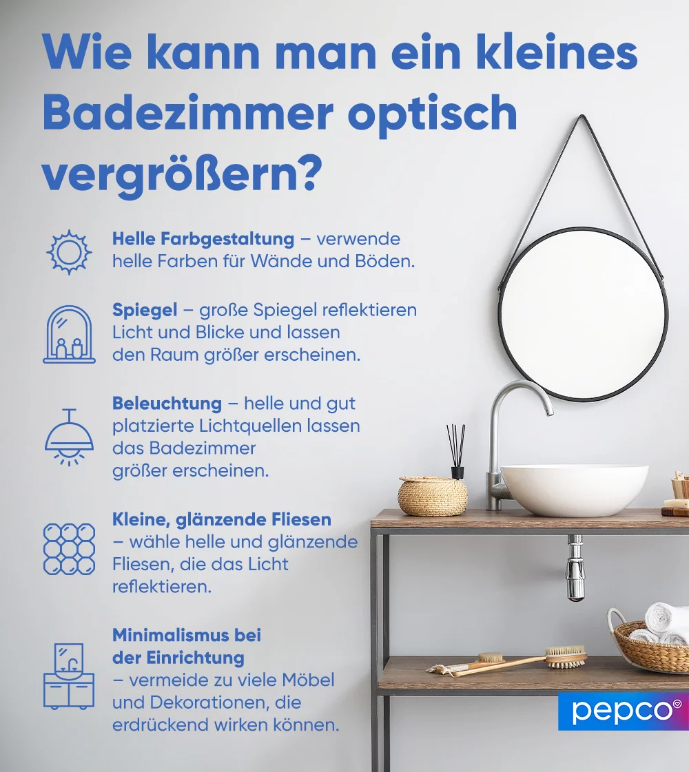 Pepco-Infografik zur optischen Badezimmervergrößerung.