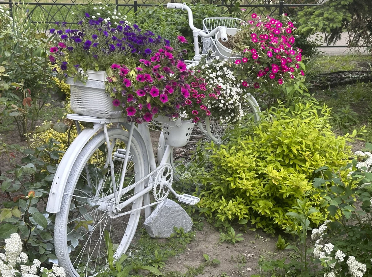 Rustikale Gartendekoration altes Fahrrad als Blumenständer