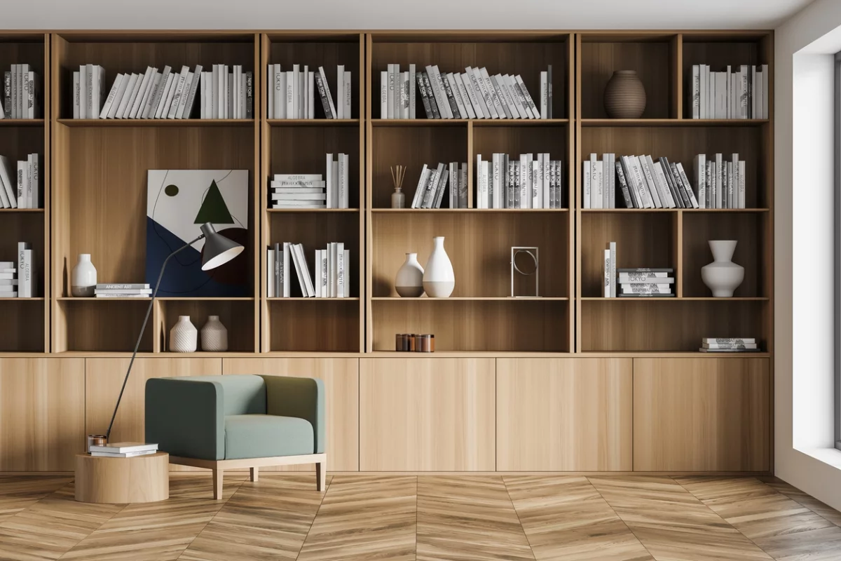 Moderne Bücherregal Ideen – Regal aus hellem Holz, weiße Bücher und schicke Dekoration