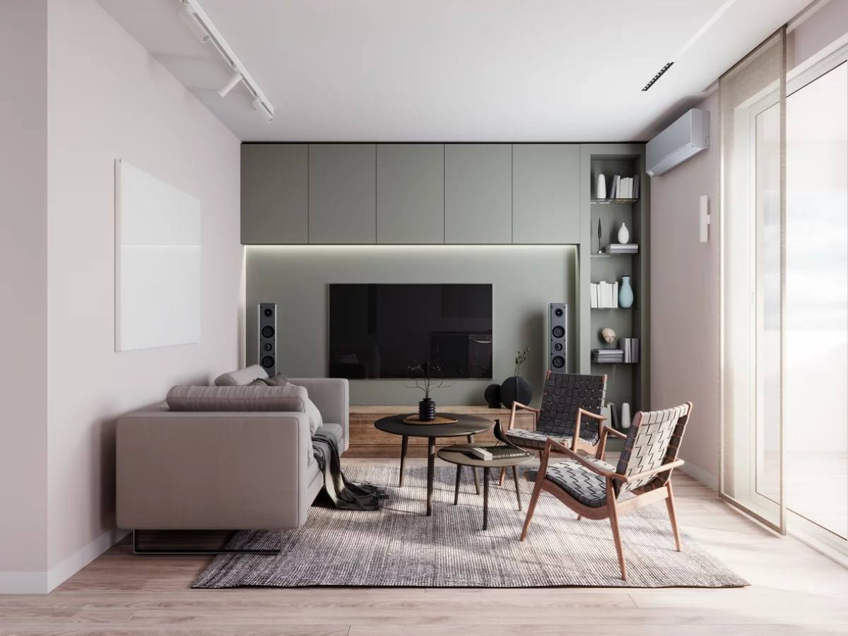 Wohnzimmer Ideen trendige Farbgestaltung Flieder als Wandfarbe mit Hellgrau kombinieren