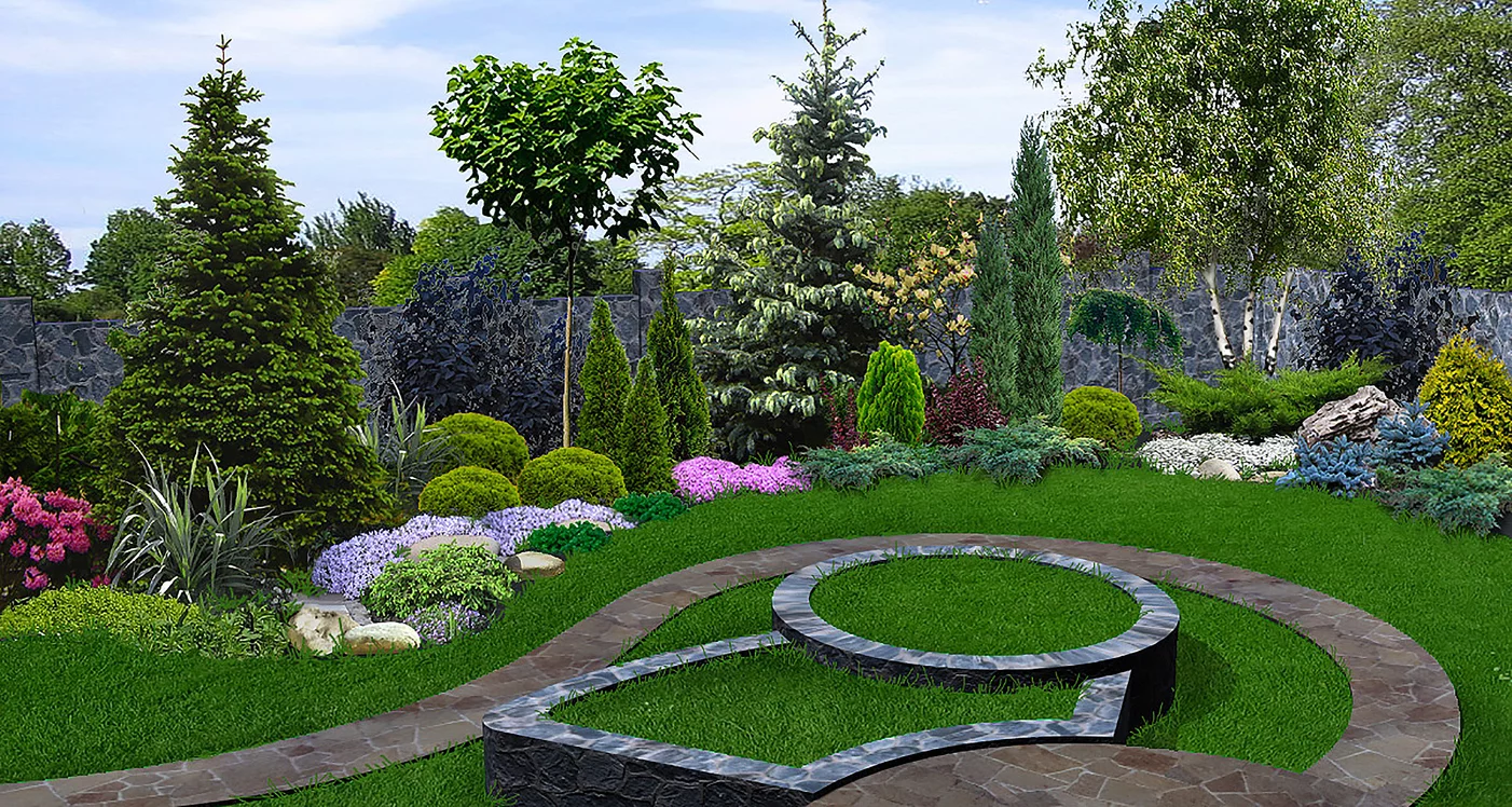 modernes Gartendesign - grüner Rasen und Steinpfade