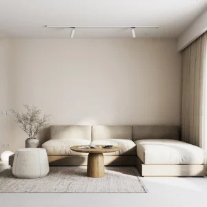 Minimalistische Wohnung einrichten mit beigefarbenem Sofa
