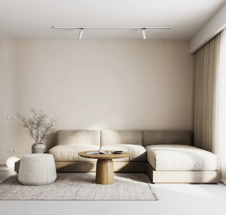 Minimalistische Wohnung einrichten mit beigefarbenem Sofa