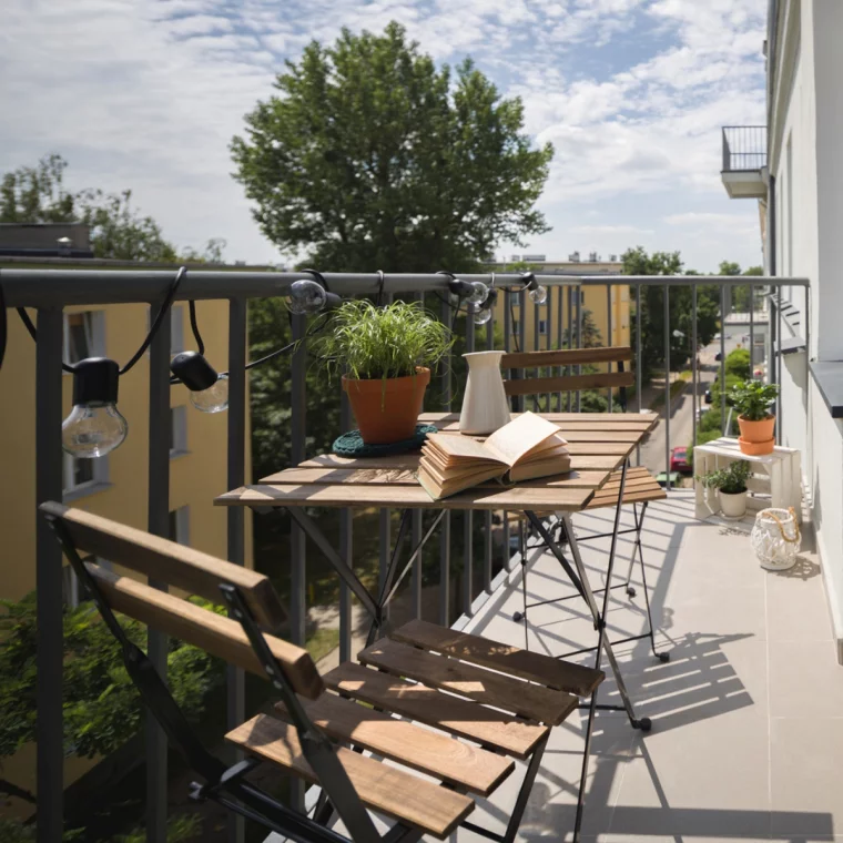 Kleinen Balkon gestalten mit klappbaren Stühlen und Tisch