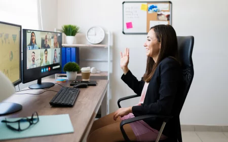 Junge Frau arbeitet am PC-Schreibtisch im Homeoffice