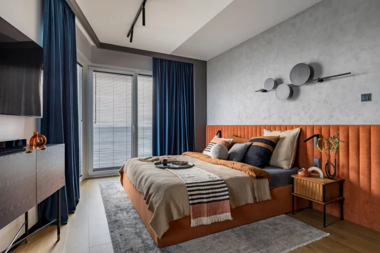 Orange, Grau und Marineblau im Schlafzimmer Design