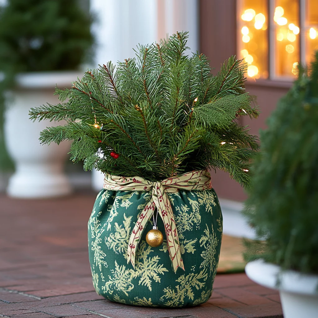 Außendeko Weihnachten – ein dekorierter Topf mit kleinem Tannenbaum