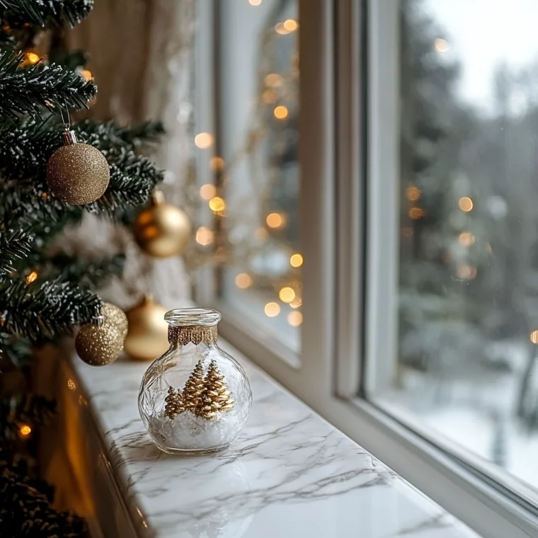 Eine Vase mit künstlichem Schnee und goldgefärbten Tannenzapfen füllen