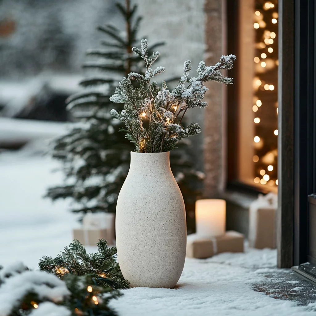 Außendeko Weihnachten – weiße Vase mit Tannenzweigen