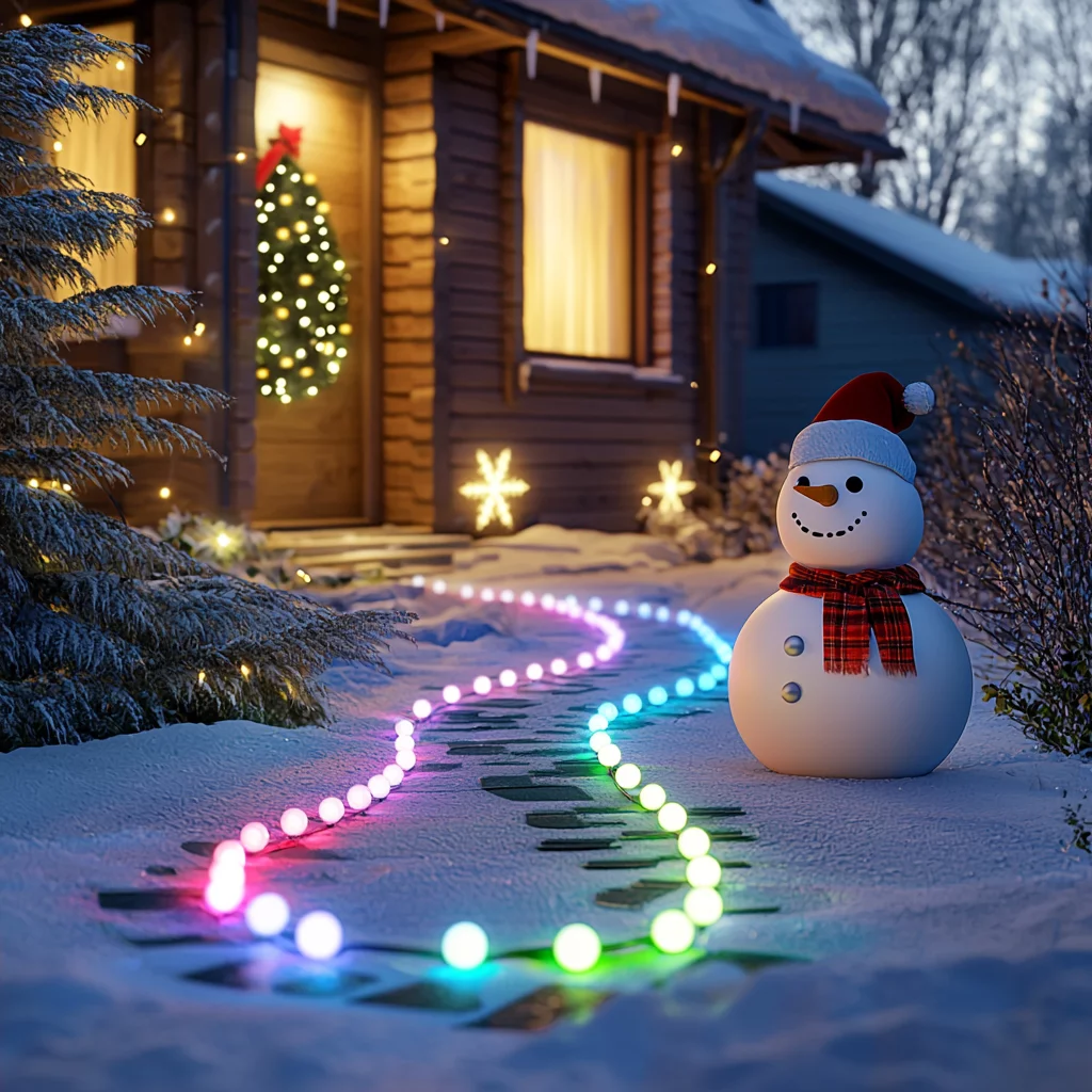 Außendeko Weihnachten – Schneemann und Solarlampen im Schnee