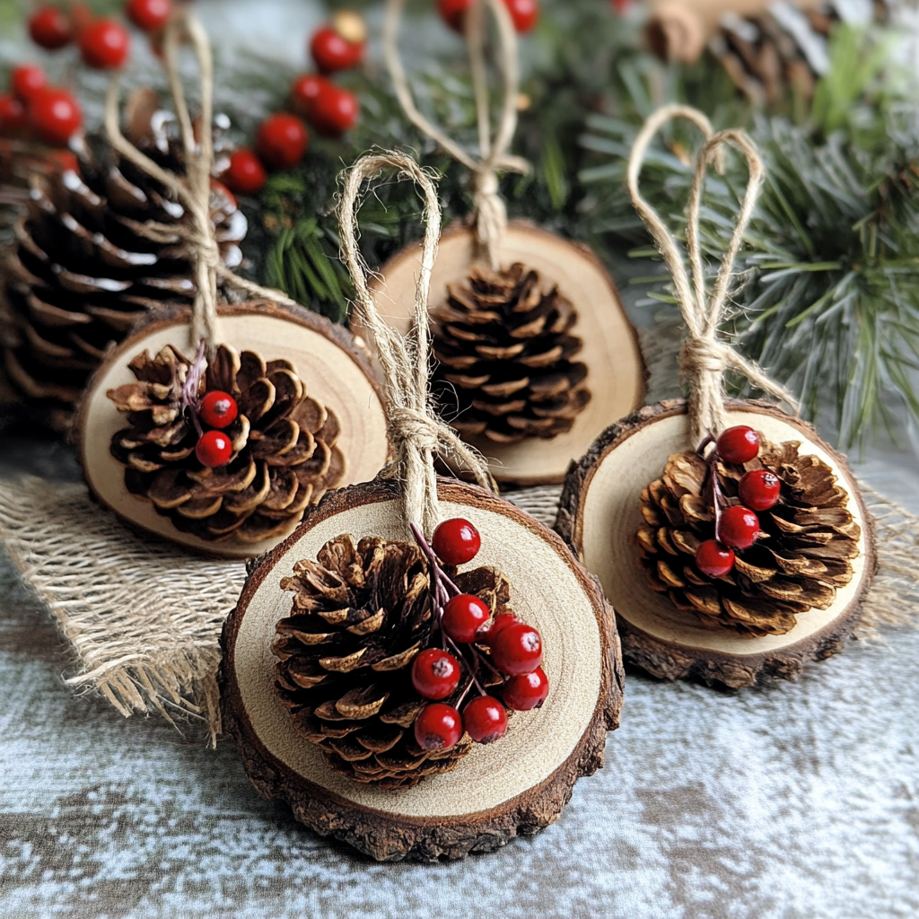 Baumscheiben Deko Weihnachten mit Tannenzapfen und roten Mistelbeeren Baumscheiben Deko Weihnachten mit Tannenzapfen und roten Mistelbeeren