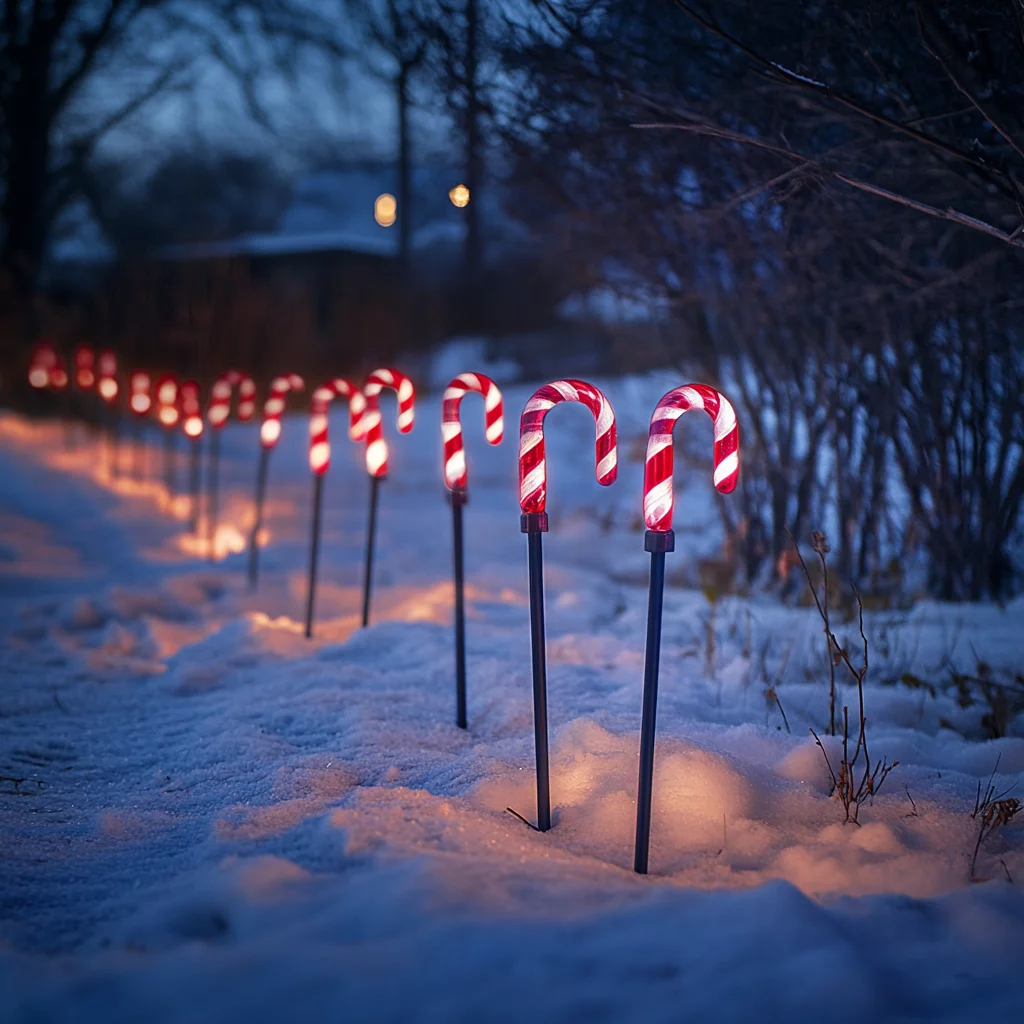 Leuchtende Zuckerstangen markieren den Weg zur Eingangstür