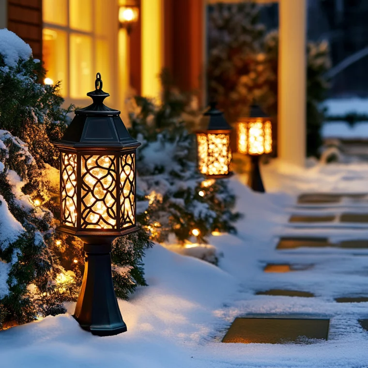 Außendeko Weihnachten – schöne Laternen stehen am Haus