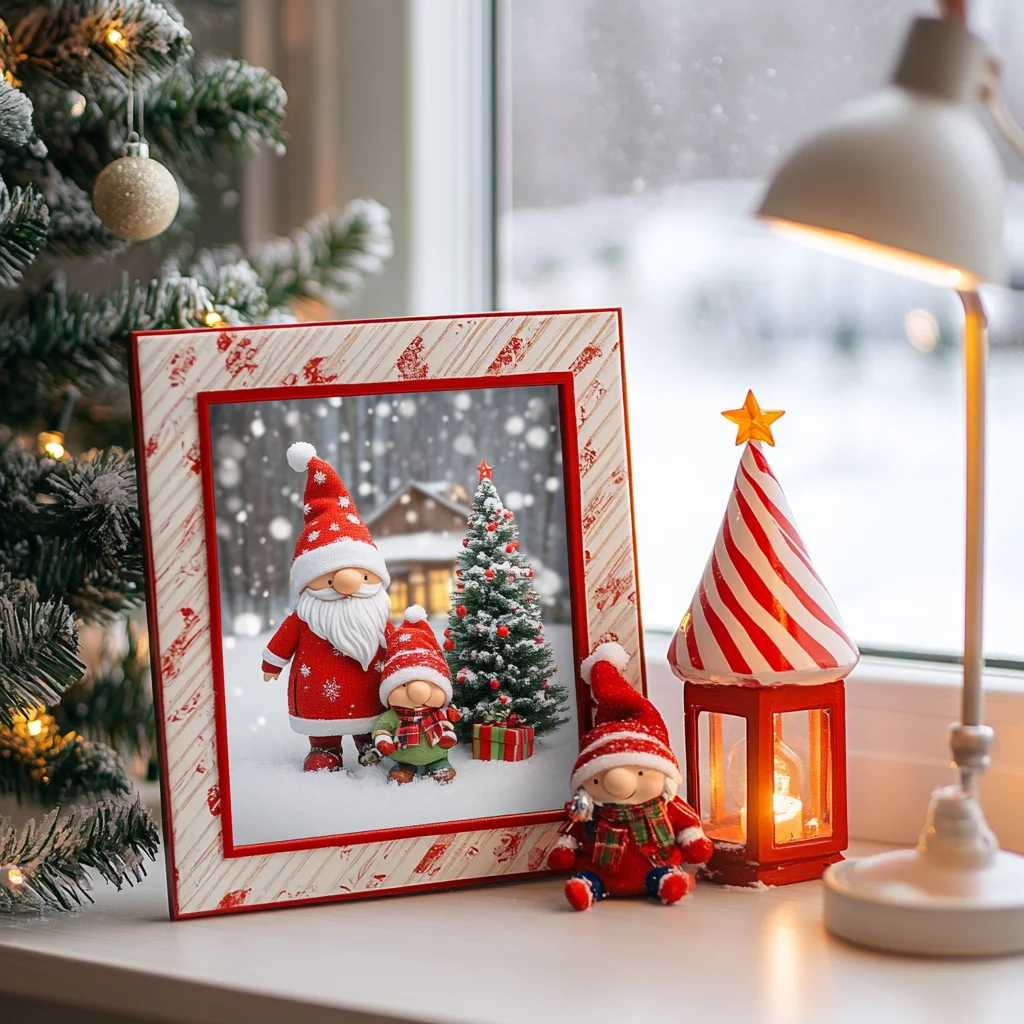 Ausgefallene Weihnachtsdeko am Fenster mit gerahmter Weihnachtskarte