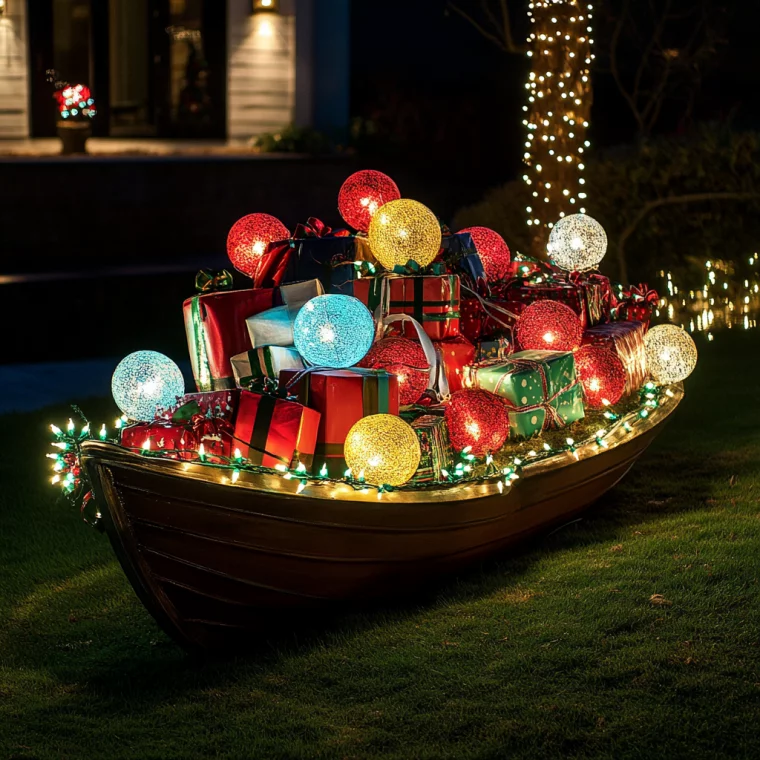 Ausgefallene Weihnachtsdeko – ein Boot mit Lichtern und Geschenken